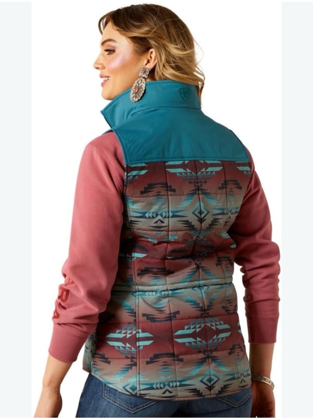 Ariat Teal and Burgundy Aztec Print Quilted Vest - Picture 2 of 6